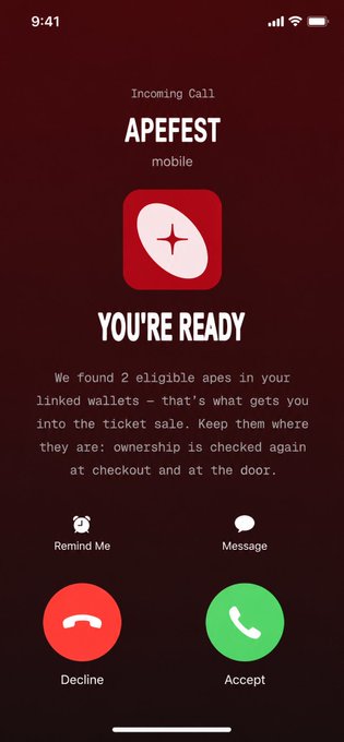 An incoming call screen styled like a phone interface shows "APEFEST mobile" with a message reading "YOU' READY — We found 2 eligible apes in your linked wallets," confirming the user's eligibility for the Bored Ape Yacht Club's Apefest ticket sale, with Decline and Accept call buttons below.