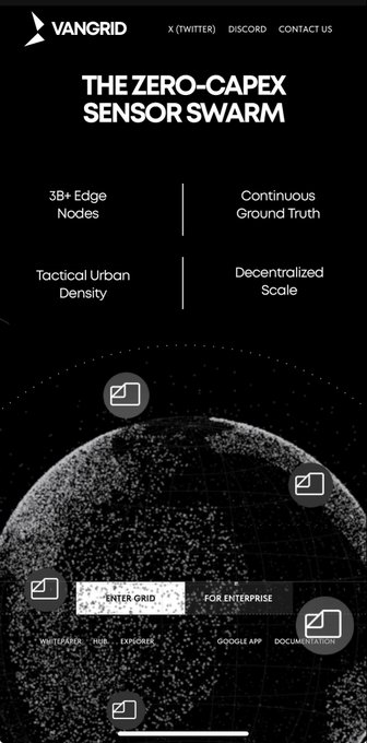The VanGrid website mobile view promoting 'THE ZERO-CAPEX SENSOR SWARM' with features like 3B+ Edge Nodes, Continuous Ground Truth, Tactical Urban Density, and Decentralized Scale.