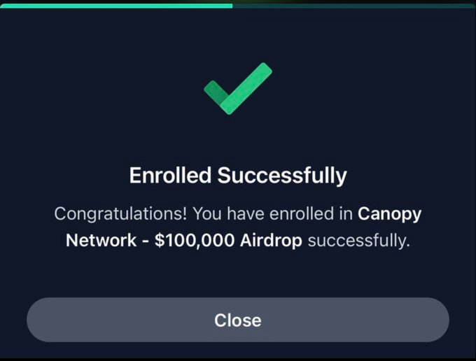 "I'm taking part in the @CNPYNetwork $100,000 airdrop on Nucleus. Canopy is building an AI-powered Layer 1 designed to make launching your own blockchain more accessible. I am earning points through quests, engagement, and referrals while spending time learning about the". This image shows a closeup of a blue and green checkmark signifying successful enrollment into the Canopy Network, which offers $100,000 worth of Airdrop rewards for completing various tasks on their platform.