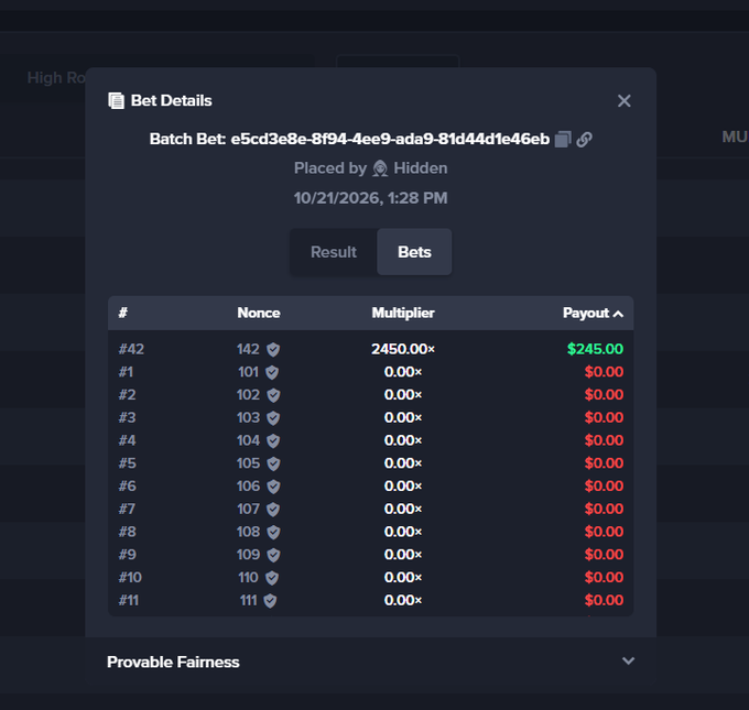 A dark “Bet Details” pop-up for “Batch Bet: e5cd3e8e-8f94-4ee9-ada9-81d44d1e46eb,” showing a winning bet on “Nonce” 142 with a “2450.00x” multiplier and “$245.00” payout, while other rows show “0.00x” and “$0.00.”