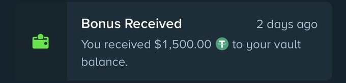 A notification from Stake shows "Bonus Received: You received $1,500.00 to your vault balance" from 2 days ago, illustrating the hypothetical $1,500 bonus deposit referenced in the accompanying post about a user's first move upon receiving it.