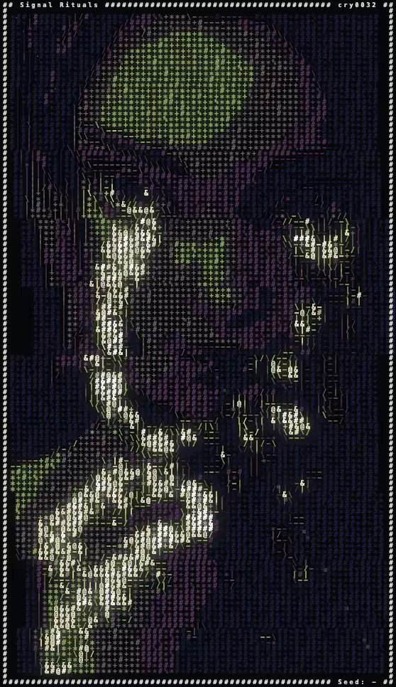 The image features a digital artwork that appears to be a 3D rendering of a person's face with a unique style. The artist has used a grid-like pattern for the design elements, giving the piece an abstract and modern look. The colors used in the art are predominantly green and purple, which adds to its distinctiveness. The image is accompanied by text that provides information about the creator and the artwork itself.