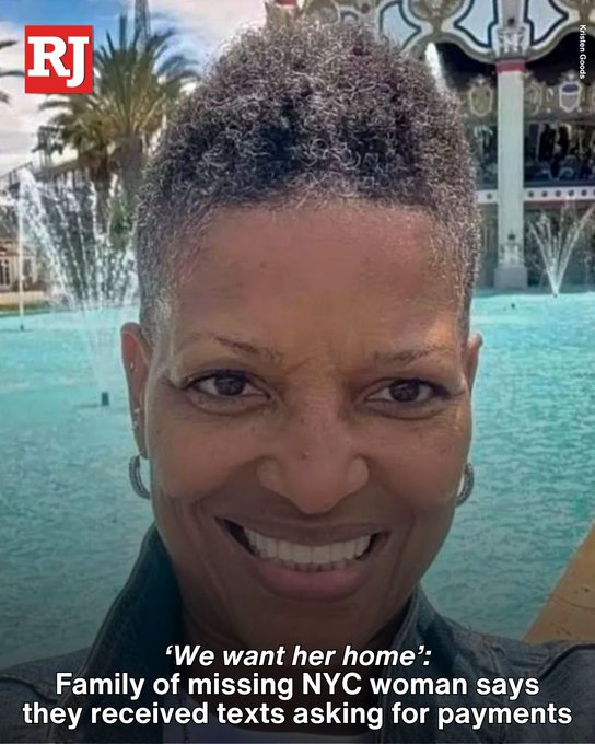A selfie of a smiling older woman with short gray hair, taken in front of a large blue fountain with palm trees and a decorative building in the background. The image is captioned "We want her home: Family of missing NYC woman says they received texts asking for payments," and the "RJ" logo (Las Vegas Review-Journal) appears in the top left corner, indicating this is a news graphic related to the story about the 63-year-old grandmother who vanished during her Las Vegas trip.