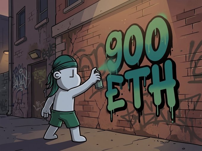 A cartoon illustration of a character in a green bandana and clothes spray-painting '900 ETH' in dripping green letters onto a brick wall in an alleyway.