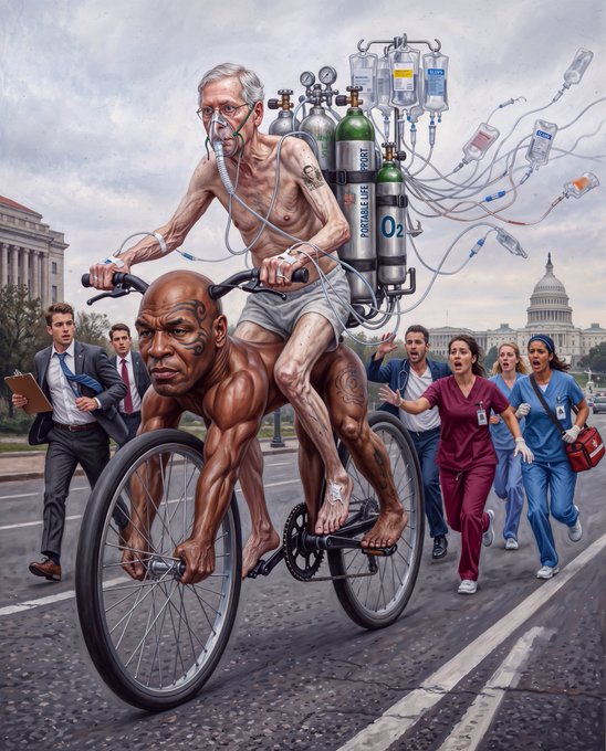 A satirical illustration shows an elderly patient on oxygen tanks being wheeled on a bicycle built like a muscular figure, trailed by panicked medical staff and federal agents, with the U.S. Capitol in the background and "O₂" labeled on the tanks—capturing the chaos and political absurdity of American healthcare, fitting the caption "beeple always feeding the trenches" by highlighting systemic dysfunction at the heart of government.