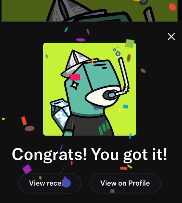 A digital achievement notification featuring a cartoon character wearing a foil hat and snorkel, with confetti effects and the text 'Congrats! You got it!' alongside 'View receipt' and 'View on Profile' buttons.
