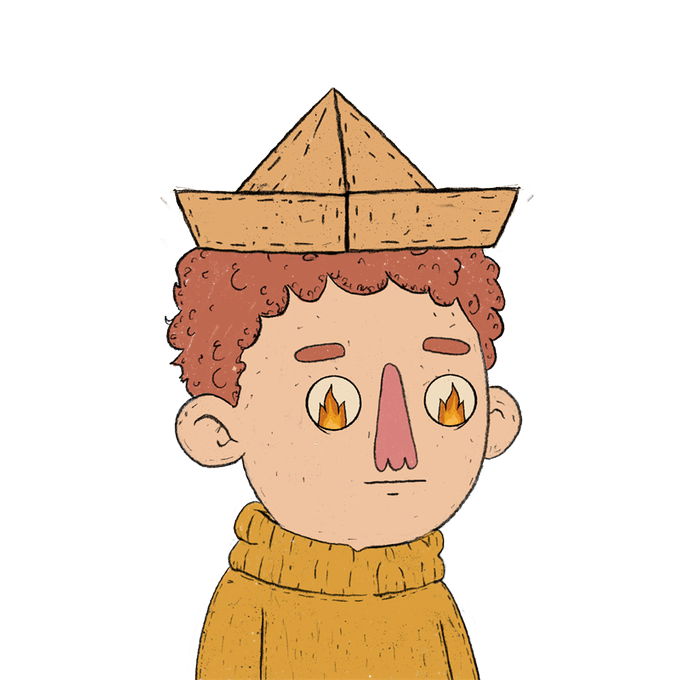 A simple cartoon drawing of a person with curly reddish-brown hair, a pink nose, flame symbols for eyes, wearing a yellow turtleneck sweater and a brown paper boat hat on their head.