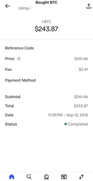 A mobile app screenshot titled 'Bought BTC' showing a purchase of 1 BTC for $243.87 on September 10, 2015, marked as Completed, with a price reference of $241.46.