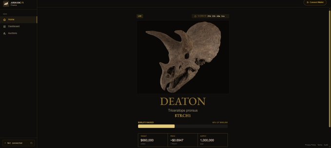 A webpage interface showing a Triceratops prorus dinosaur skull labeled "DEATON" with a raised token price bar and a "STRETCH!" status.