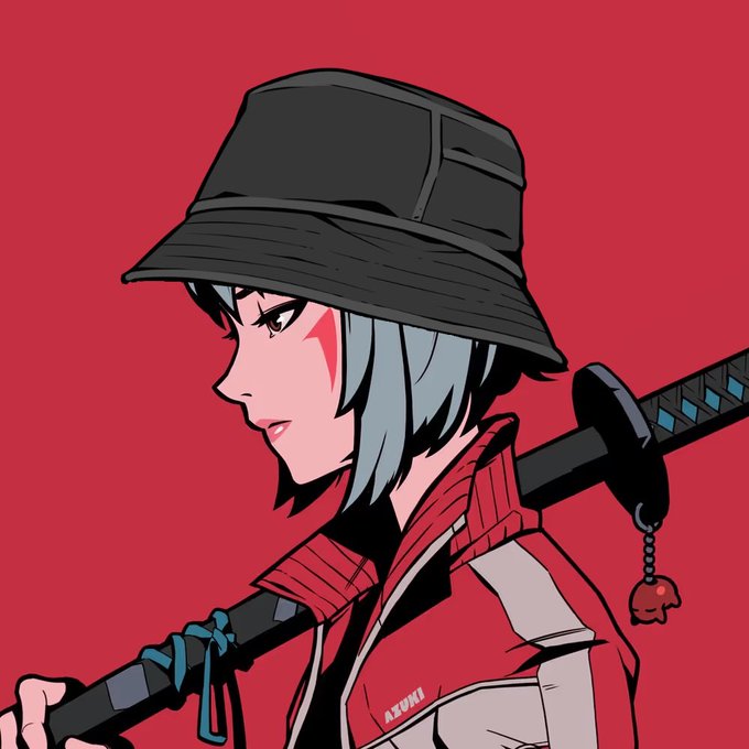 An anime-style illustration of a blue-haired character with a red mark on their cheek, wearing a black bucket hat and red jacket with 'AZUKI' visible, carrying a katana against a red background.
