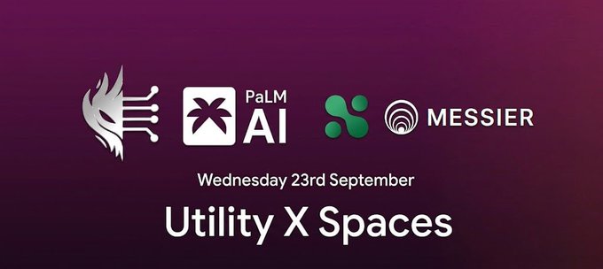A promotional banner for 'Utility X Spaces' event on Wednesday 23rd September, featuring logos for Phoenix, PaLM AI, and Messier on a dark purple background.