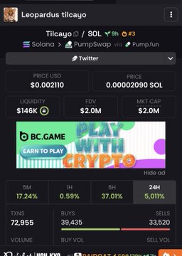 A crypto tracker page for the meme coin Tilcayo (TILCAYO/SOL) on Solana, priced at $0.002110 with a $146K liquidity and $2.0M FDV, showing a 5M market cap and a BC.GAME promotional banner.