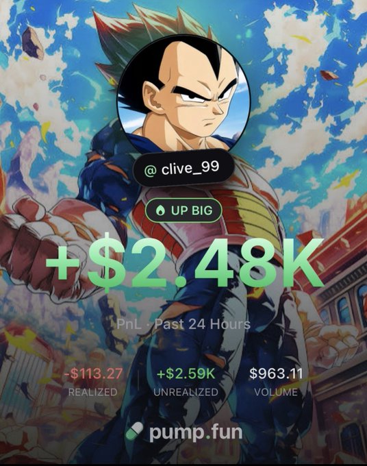 A Pumpfun trading card for user @clive_99 showcases a Dragon Ball–style Vegeta avatar with a +$2.48K PnL gain over the past 24 hours ($2.59K unrealized against $113.27 realized on $963.11 volume), tying into the post's hype about "Bagworking season" and making it easy to trade directly on the Pumpfun app.