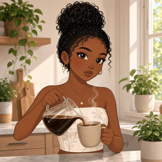 An illustrated illustration of a woman with curly hair in a high bun pouring coffee from a carafe into a mug in a bright, plant-filled kitchen.
