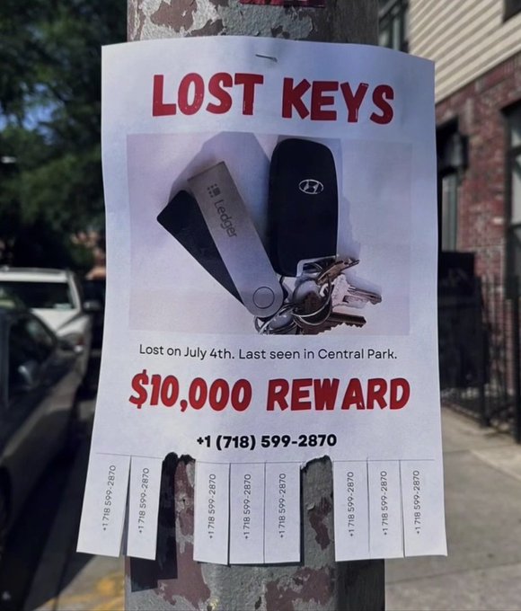 A "LOST KEYS" poster offering a "$10,000 REWARD" is taped to a lamppost, featuring a photo of a Hyundai car fob and Ledger hardware wallet key. The key detail revealing why the reward is so high: alongside the Hyundai key is a Ledger crypto wallet key, whose loss likely means access to a substantial cryptocurrency fortune.