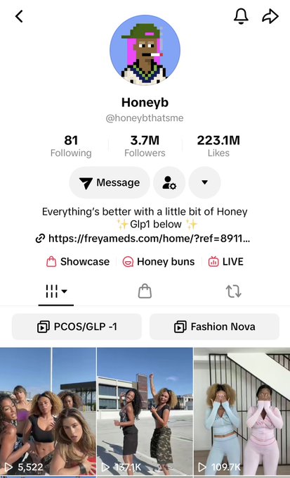 A TikTok profile page for 'Honeyb' (@honeybthatsme) showing 3.7M Followers, 223.1M Likes, and the bio 'Everything's better with a little bit of Honey ✨Glp1 below✨' with a link to fireyameds.com.