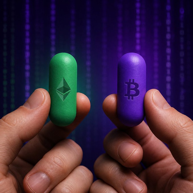 Two hands hold up pill-shaped objects—one green featuring the Ethereum (ETH) diamond logo and one purple displaying the Bitcoin (BTC) "B" symbol—against a purple background with falling digital code, visually presenting the choice between the two leading cryptocurrencies posed in "#ETH or #BTC?".