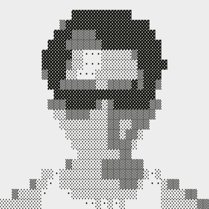 A pixelated, dithered black-and-white portrait of a man wearing dark sunglasses.