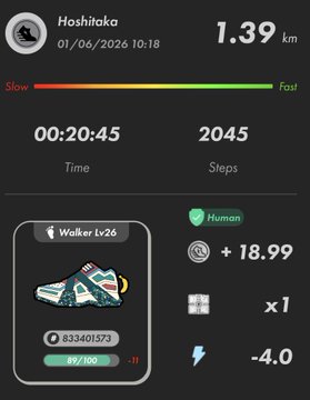 The image shows a fitness tracking app with various data points displayed, including the number of steps taken, calories burned, and distance traveled. The app also provides information about the user's walking speed and the time spent on each step. There are two different types of shoes in the image - one is a sneaker, while the other appears to be a boot. These shoes might have been used during the walk or exercise session being tracked by the app.