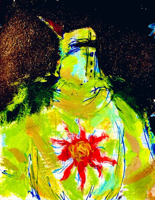 A vibrant, painterly portrait of a knight in golden armor featuring a prominent red sun emblem on the chest, set against a dark background with expressive brushstrokes of green, yellow, and blue. The artwork embodies the "Solaire" reference through the iconic sun sigil, a nod to the beloved *Dark Souls* character known for his sunny disposition and undying faith.