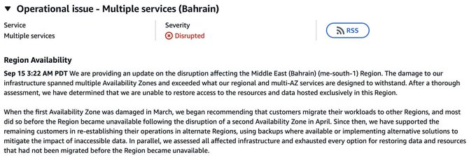 An operational issue notification for AWS Multiple services in the Bahrain (me-south-1) region, showing a Disrupted severity status with details about infrastructure damage.
