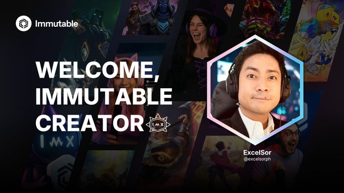 A welcome graphic for 'Immutable' featuring a portrait of content creator 'ExcelSor' (@excelsorph) wearing headphones, set against a backdrop of various NFT artworks.