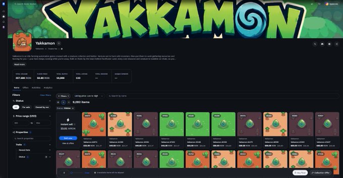 A Yakkamon NFT marketplace interface shows a collection with a 207.48K FLOOR price, 58.5K VOLUME, 55,000 items listed, and displays multiple Yaka egg NFT listings.