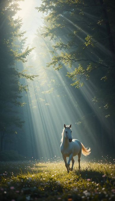 The image features a white horse standing alone in a field with tall grass and trees in the background. The horse appears to be running or galloping through the field, creating an interesting scene that captures the viewer's attention. The photo has been shared on social media platforms, where it has gained significant traction due to its unique composition and the way it encourages viewers to engage with the content by liking, sharing, or commenting on the post. This interaction demonstrates how a simple image of a horse in a field can be transformed into an engaging experience that promotes discussion and connection among users.