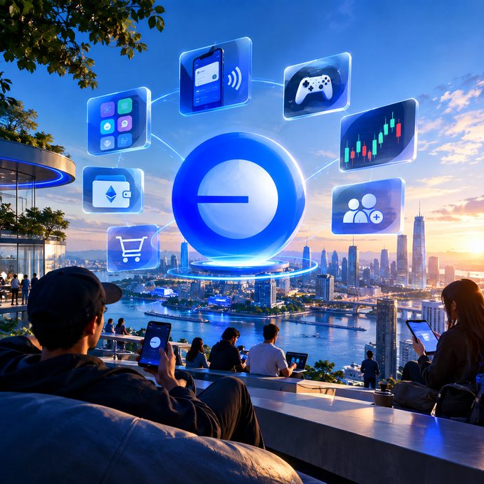 A stylized, futuristic digital illustration showing people using devices, with floating holographic icons representing apps, games, finance, and shopping orbiting a central blue logo, overlooking a modern city at sunset.