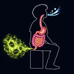 An illustrated diagram showing the human digestive system (esophagus, stomach, and intestines) inside a figure exhaling, with a green germ/virus illustration on the left side against a black background.