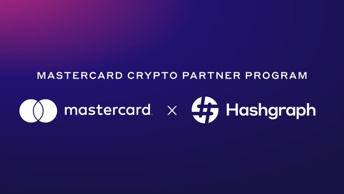 A banner announcing the 'MASTERCARD CRYPTO PARTNER PROGRAM' collaboration between Mastercard and Hashgraph on a purple gradient background.