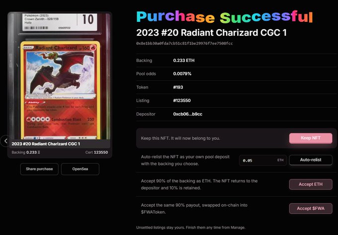 A screenshot of a successful NFT purchase confirmation for a 2023 #20 Radiant Charizard CGC 1 Pokemon card, graded 10 by CGC, with a backing of 0.233 ETH.
