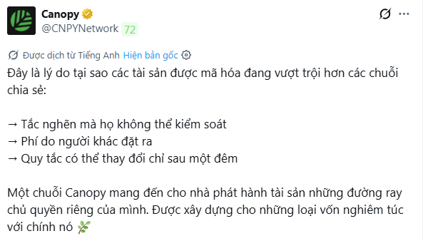 A Vietnamese tweet from Canopy (@CNPYNetwork) explains why crypto assets outperform traditional chains, citing uncontrollable congestion, fees set by others, and rules that can change overnight.