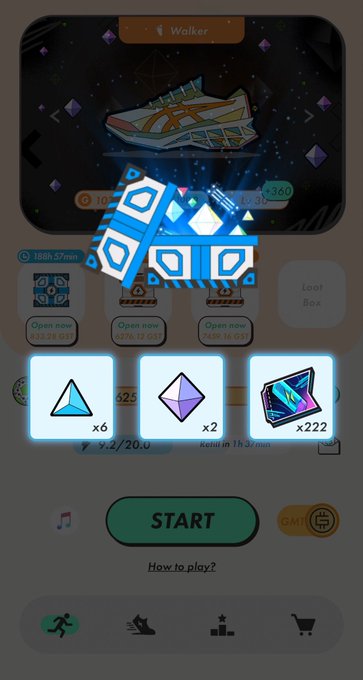 An in-game reward screen showing a 'Walker' sneaker NFT with an open loot box, rewards of 6 blue gems, 2 purple gems, and 222 other items, with a 'START' button below.