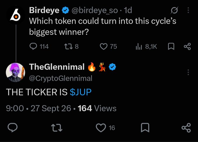 A screenshot of a social media post from 'Birdeye' asking 'Which token could turn into this cycle's biggest winner?', followed by a reply from 'TheGlennimal' stating 'THE TICKER IS $JUP'.