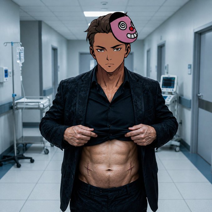 An anime-style man stands in a hospital corridor lifting his shirt to reveal a muscular torso with surgical scars, while wearing a bizarre pink half-mask with a grinning face and spirals over one eye.