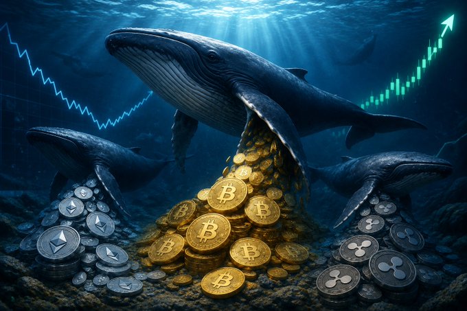 Whales of Bitcoin (₿), Ethereum (Ξ), and XRP surge beneath the ocean, spilling piles of coins as an ascending green chart rises in the background — visually reinforcing CryptoQuant's report of large investors quietly accumulating these top cryptocurrencies during the late stage of the bear market.