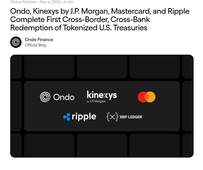 The image features a black background with text and logos against it. On the top, there is a headline that reads "Global Markets May 6th, 2020." Below this, there are bullet points explaining a new cryptocurrency called Ripple Ondo. Next to Ripple, there is another logo on the right side. Below these logos, there is text about a company named Mastercard and their plan to launch Ripple Ondo Mastercard. The post also includes some text that says "Ripple Ondo", which could potentially be another name for the cryptocurrency or a related concept within it.