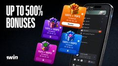 A promotional graphic with the text 'UP TO 500% BONUSES' alongside a mobile phone showing bonus cards for $1,000 and $1,500 on a platform called 'swin'.