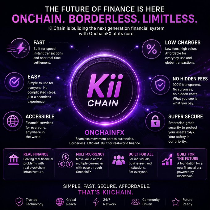 The image features a purple circle with the word "Kii" written inside of it. The text below the circle explains that the future of finance is about moving money quickly, securely, and without unnecessary costs. This message is relevant to the Kii Chain logo in the image because it highlights how the platform focuses on providing fast, secure, and affordable financial services for users around the world.