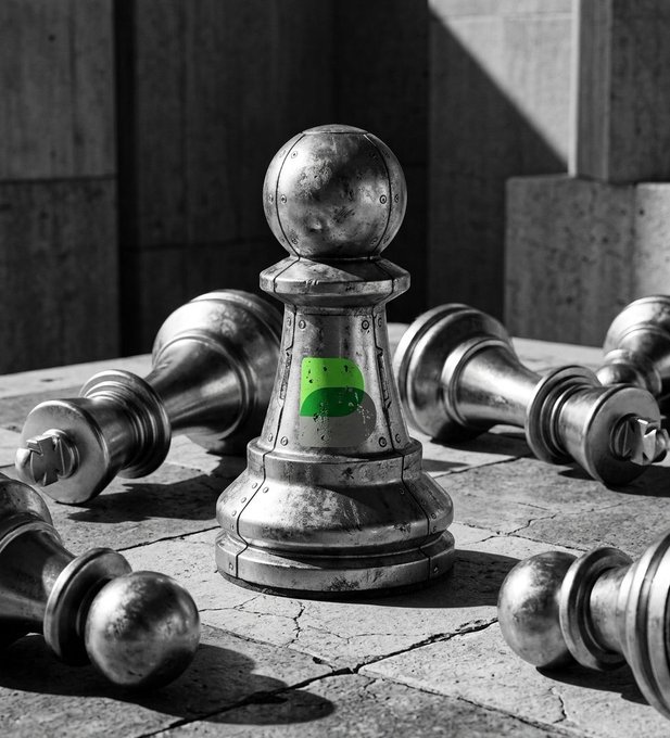 A weathered metal chess pawn, notably marked with a green sticker, stands upright among fallen chess pieces on a cracked stone surface, visually representing resilience and adaptability in the face of shifting challenges.