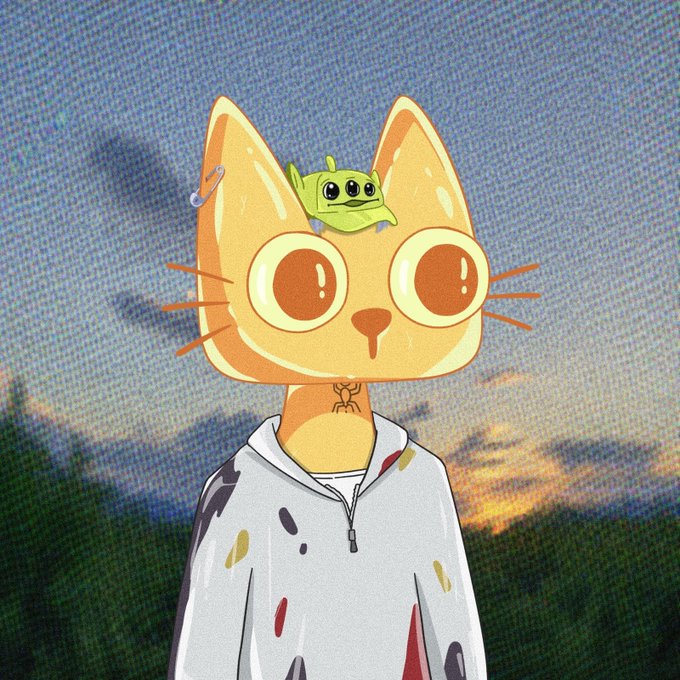An anime-style illustration of a yellow cat character with large brown eyes wearing a grey hoodie with a small green alien-like creature perched on its head, set against a sunset sky.