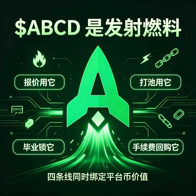 The image features a green rocket graphic with "$ABCD 是发射燃料" ($ABCD is launch fuel) at the top, surrounded by four Chinese labels: "报价用它" (use it for pricing), "打池用它" (use it for pool creation), "毕业锁它" (lock it at graduation), and "手续费回购它" (buyback with fees), with "四条线同时绑定平台币价值" (four lines simultaneously anchor platform token value) at the bottom. It illustrates how a utility token binds multiple platform functions to support the value of launch platform tokens like those behind Pump.fun, Four.meme, and Pons—addressing the post's point that few projects successfully convert launchpad hype into sustained platform token value.