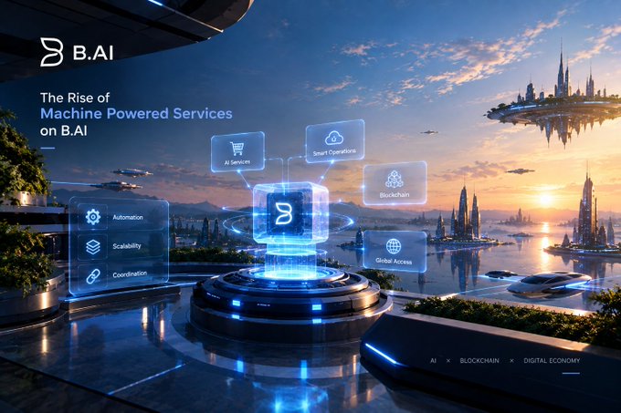 A futuristic digital promotional graphic titled 'The Rise of Machine Powered Services on B.AI' showing a sci-fi cityscape with floating UI panels for AI Services, Smart Operations, Blockchain, Automation, Scalability, and Coordination.