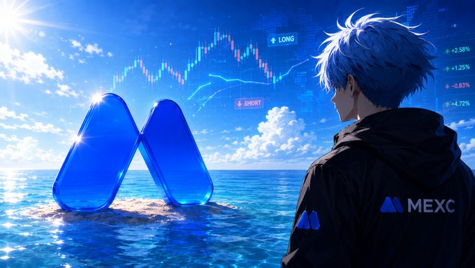 Promotional image for MEXC exchange featuring an anime-style character with blue hair in a MEXC-branded jacket, alongside trading charts showing LONG/SHORT indicators and the MEXC logo over an ocean backdrop.