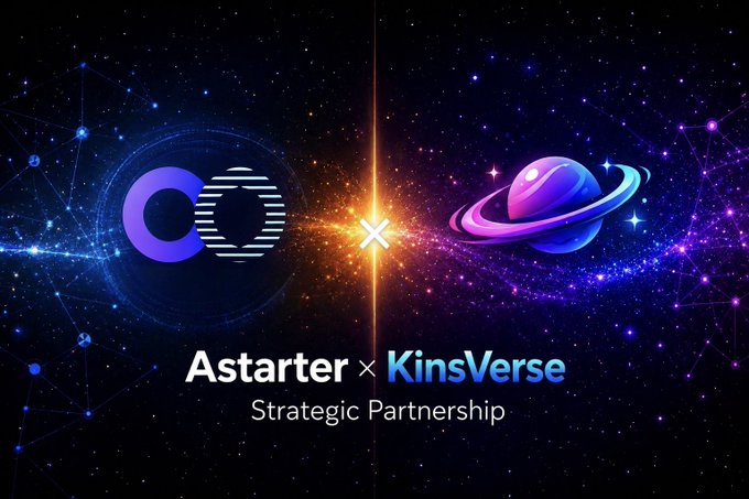 A digital promotional graphic with a cosmic, star-filled background announces a strategic partnership between Astarter and KinsVerse, featuring their respective logos flanking a central "X" symbol, with the text "Astarter × KinsVerse Strategic Partnership" displayed below. The image visually represents the collaboration mentioned in the post, showcasing both brands united through the partnership announcement.