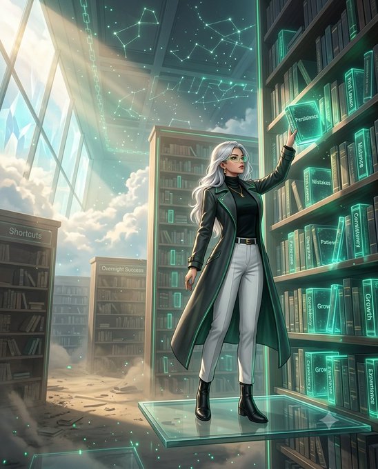 A fantasy illustration of a woman with white hair and a black coat standing in a surreal library with floating shelves; she reaches for a glowing book labeled 'Persistence', with other books labeled 'Shortcuts', 'Overnight Success', 'Mistakes', 'Discipline', and 'Patience'.