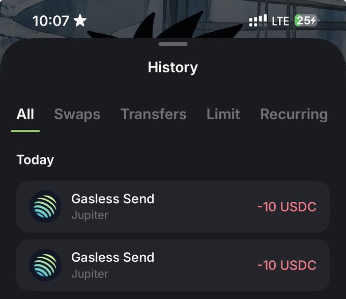 A phone screenshot showing a "History" transaction log on what appears to be a crypto wallet, displaying two "Gasless Send" transactions via Jupiter totaling -20 USDC under the "Today" tab, which corresponds to the post sending $10 USDC each to two recipients (@azar111111111 and @ftdxni3l).