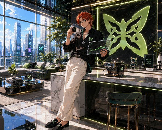 An anime-style illustration of a red-haired man in a modern penthouse cafe, holding a transparent tablet displaying charts, with a glowing green butterfly logo on the wall behind him and a futuristic city skyline visible through the windows.