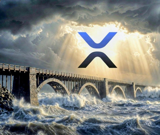 A composite image showing the XRP logo hovering above a stone bridge over rough, stormy seas under rays of light breaking through clouds.